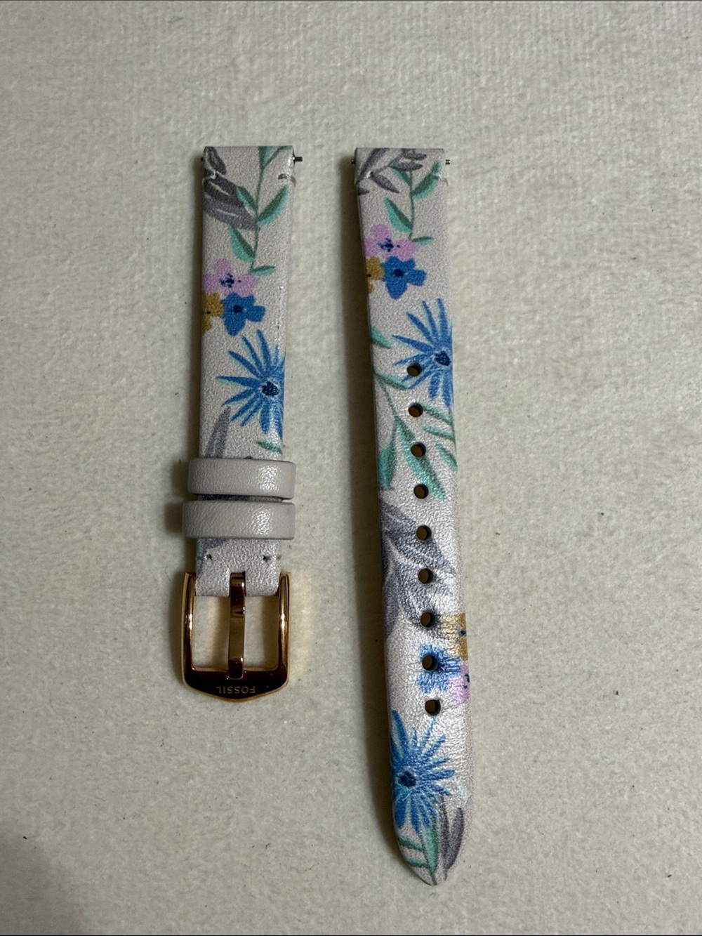 14mm Fossil Floral Leather Watch Strap in Light Gray with Blue Accents